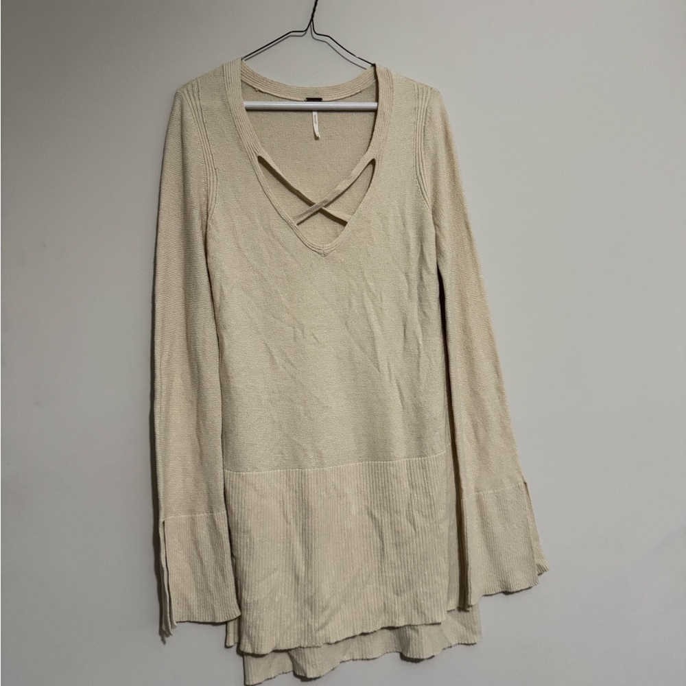 FREE PEOPLE Criss Cross Tunic Knit Sweater V Neck Tan Beige Small - Picture 6 of 13